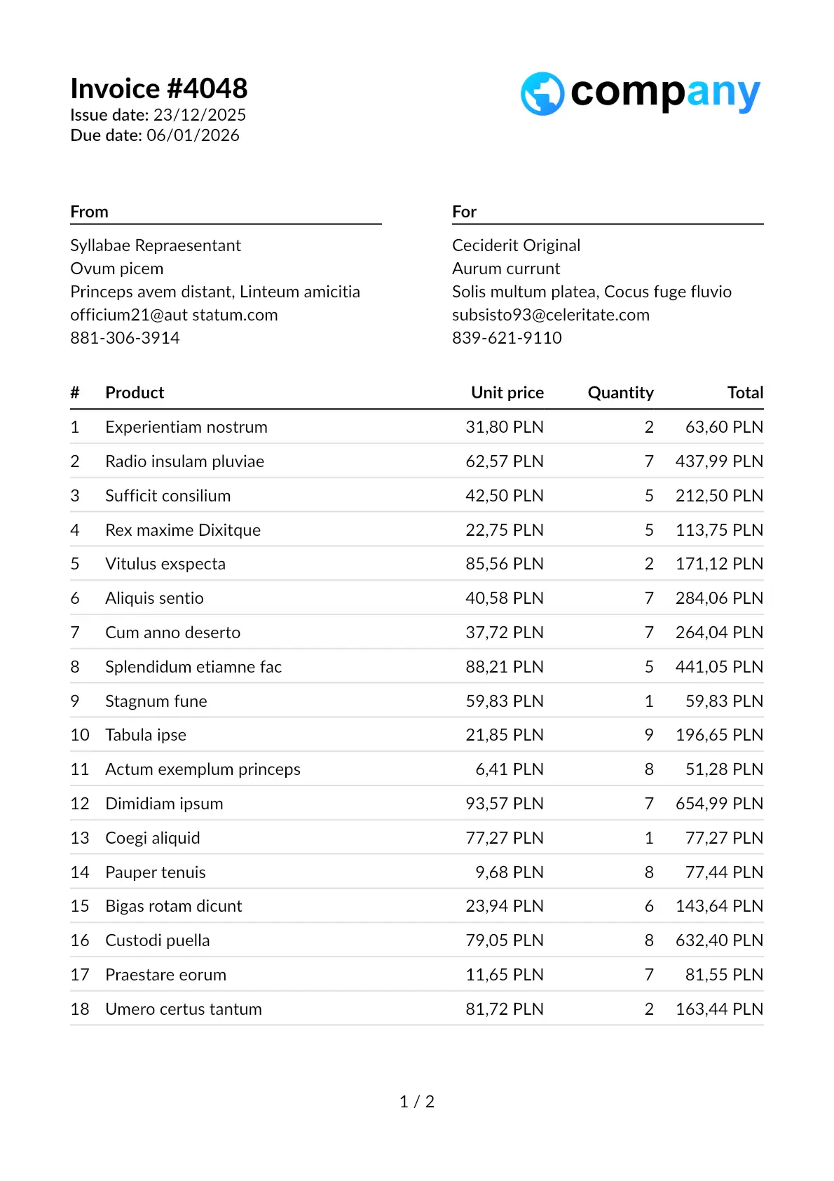 Sample invoice page 1