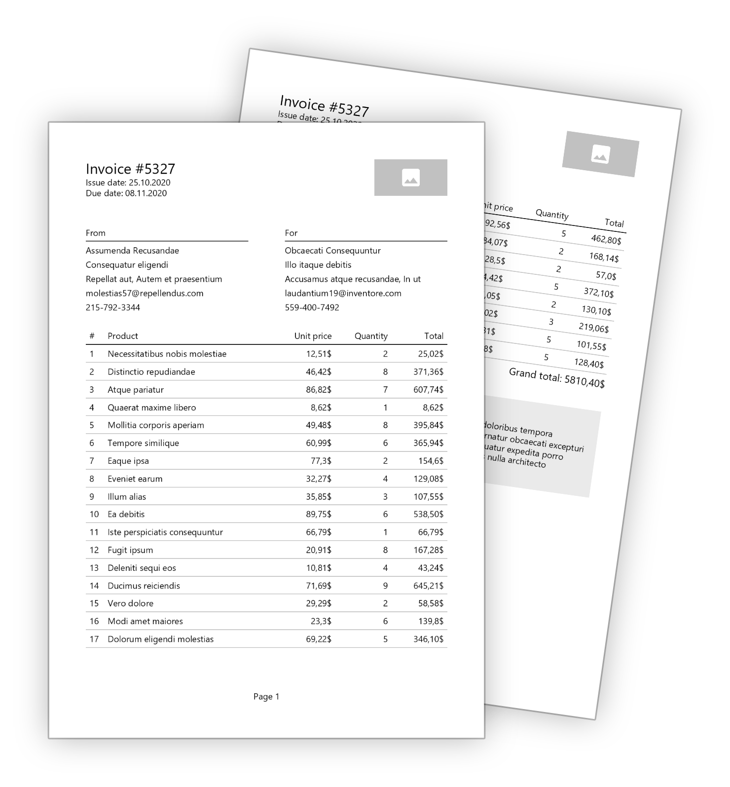 Example invoice document implemented and generated with QuestPDF using C# language.